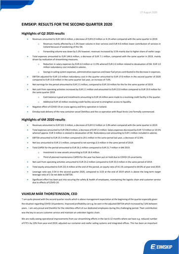 Thumbnail Eimskipafélag Íslands Quarterly Report 2020-q2