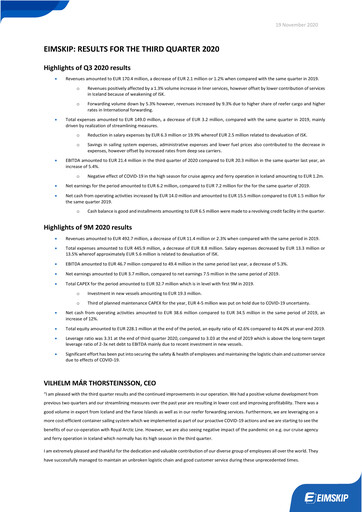 Thumbnail Eimskipafélag Íslands Quarterly Report 2020-q3