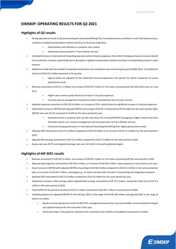 Thumbnail Eimskipafélag Íslands Quarterly Report 2021-q2