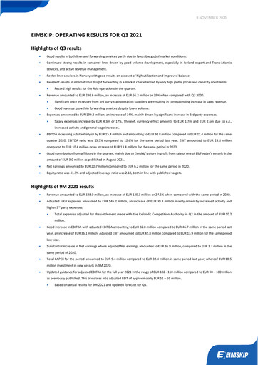 Thumbnail Eimskipafélag Íslands Quarterly Report 2021-q3