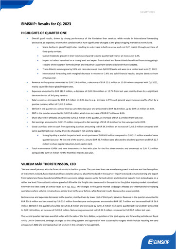 Thumbnail Eimskipafélag Íslands Quarterly Report 2023-q1