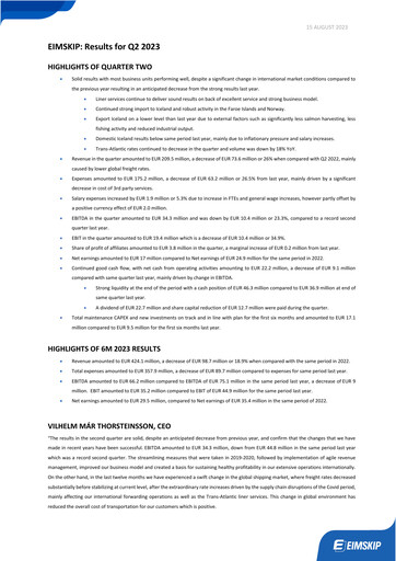 Thumbnail Eimskipafélag Íslands Quarterly Report 2023-q2