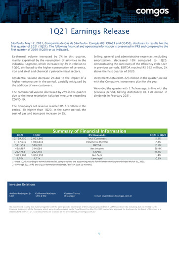Miniature Comgás Rapport trimestriel 2021-q1