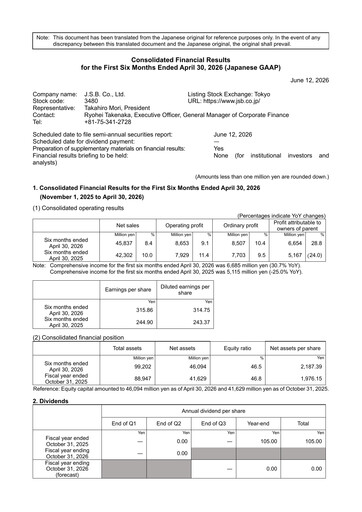 Thumbnail J.S.B.Co. Half-year Report fy2026-h1