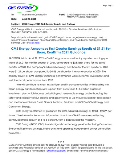 Vorschaubild CMS Energy
 Quartalsbericht 2021-q1