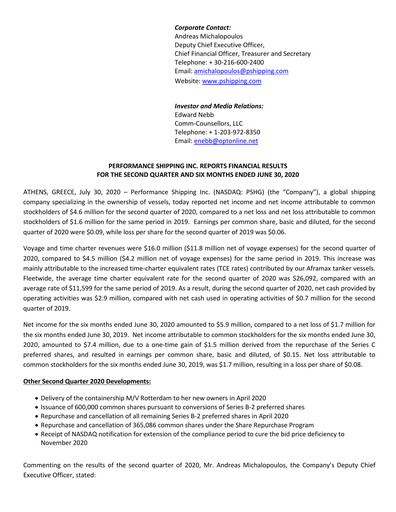 Vorschaubild Performance Shipping
 Quartalsbericht 2020-q2