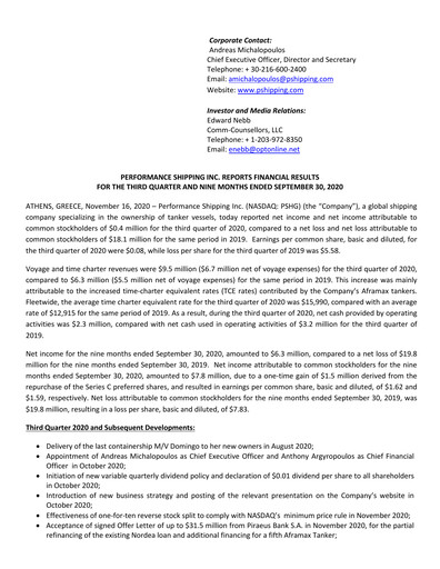 Vorschaubild Performance Shipping
 Quartalsbericht 2020-q3