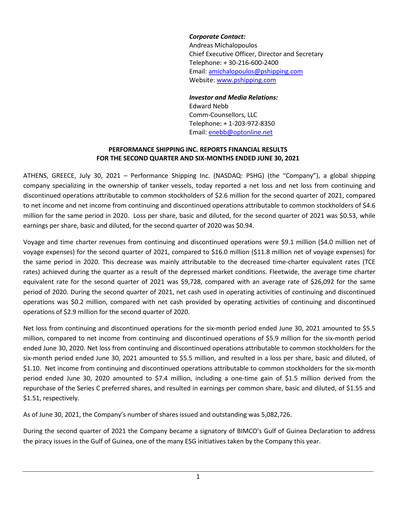 Vorschaubild Performance Shipping
 Quartalsbericht 2021-q2