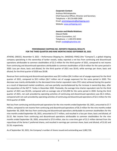 Vorschaubild Performance Shipping
 Quartalsbericht 2021-q3