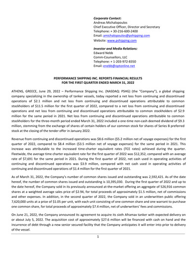 Vorschaubild Performance Shipping
 Quartalsbericht 2022-q1