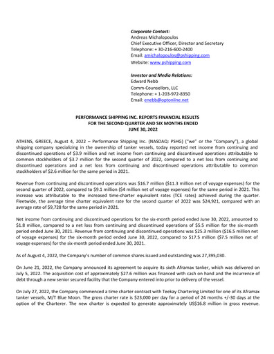 Vorschaubild Performance Shipping
 Quartalsbericht 2022-q2