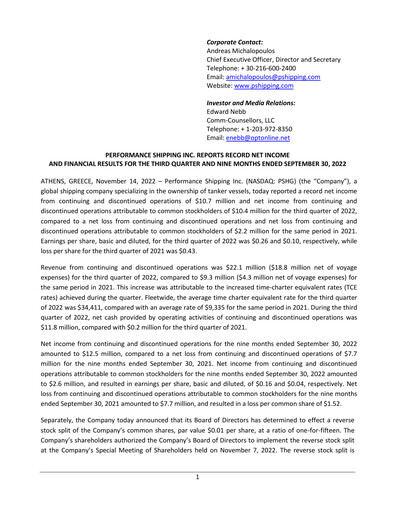 Vorschaubild Performance Shipping
 Quartalsbericht 2022-q3