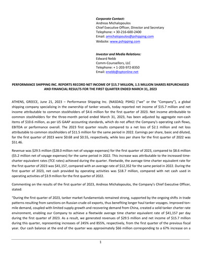 Vorschaubild Performance Shipping
 Quartalsbericht 2023-q1
