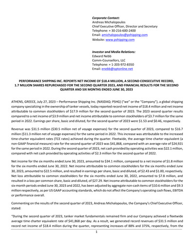 Vorschaubild Performance Shipping
 Quartalsbericht 2023-q2