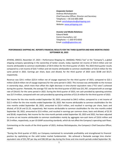 Vorschaubild Performance Shipping
 Quartalsbericht 2023-q3