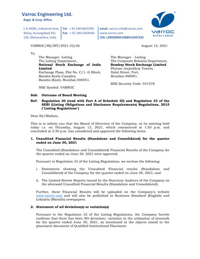 Thumbnail Varroc Quarterly Report 2021-q1