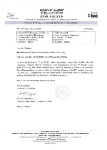 Thumbnail BEML Quarterly Report 2022-q1