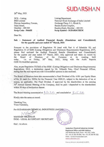 Miniature Sudarshan Chemical Bilan financier 2020-2021