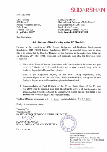 Miniature Sudarshan Chemical Bilan financier 2021-2022