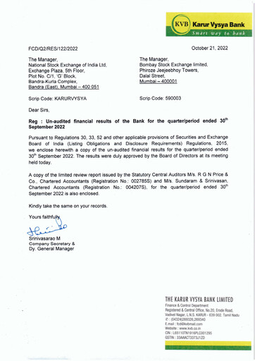 Thumbnail Karur Vysya Bank
 Quarterly Report 2022-q2