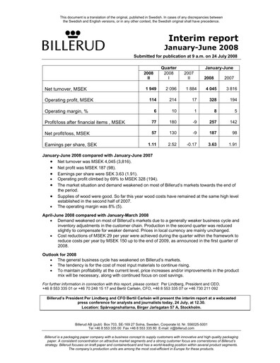 Thumbnail BillerudKorsnäs Half-year Report 2008-h1