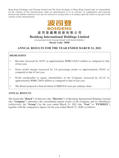 Miniature Bosideng Rapport financier 2020-2021