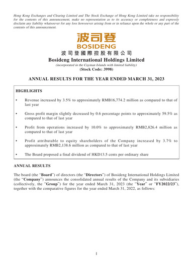 Miniature Bosideng Rapport financier 2022-2023
