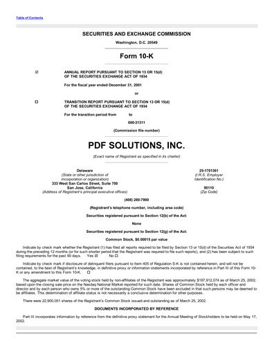 Thumbnail PDF Solutions Annual Report 2001