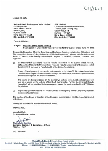 Thumbnail Chalet Hotels
 Quarterly Report 2019-q1