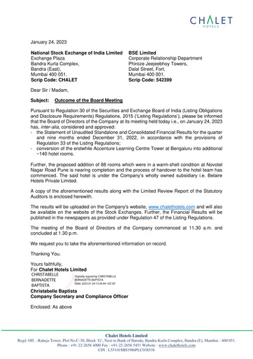 Thumbnail Chalet Hotels
 Quarterly Report 2022-q3