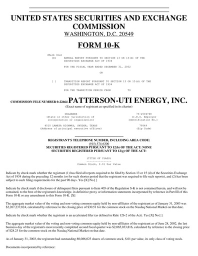 Thumbnail Patterson-UTI Energy Annual Report 2002