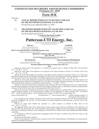 Thumbnail Patterson-UTI Energy Annual Report 2018