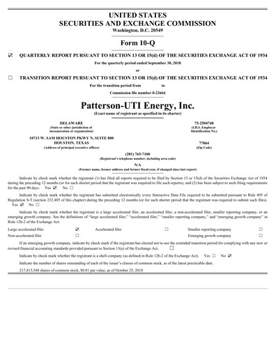 Thumbnail Patterson-UTI Energy Quarterly Report 2018-q3