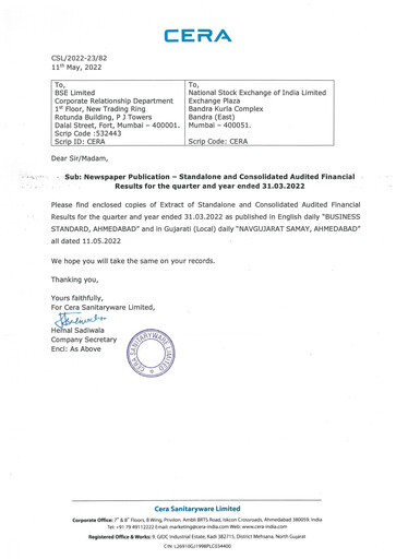 Thumbnail Cera Sanitaryware Financial Report 2022