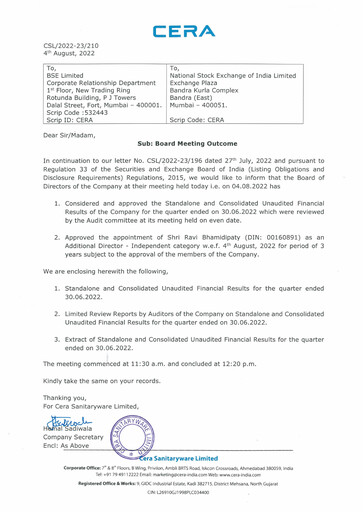 Vorschaubild Cera Sanitaryware Quartalsbericht 2022-q1