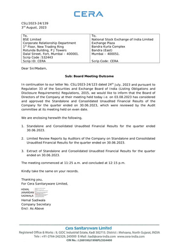 Vorschaubild Cera Sanitaryware Quartalsbericht 2023-q1