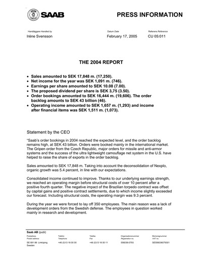 Thumbnail SAAB AB Financial Report 2004