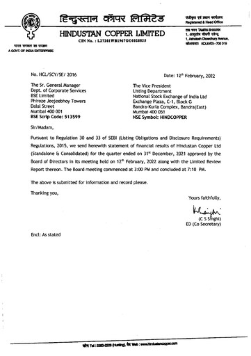 Thumbnail Hindustan Copper
 Quarterly Report 2021-q3