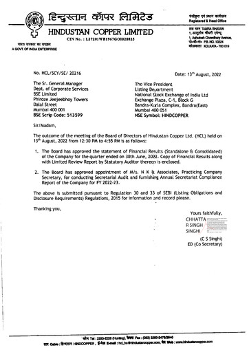 Thumbnail Hindustan Copper
 Quarterly Report 2022-q1