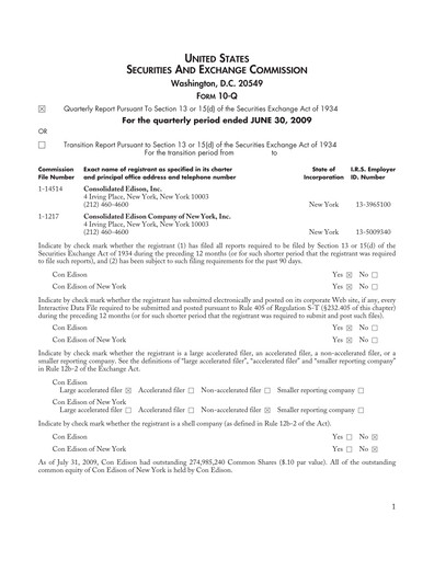 Thumbnail Consolidated Edison Quarterly Report 2009-q2