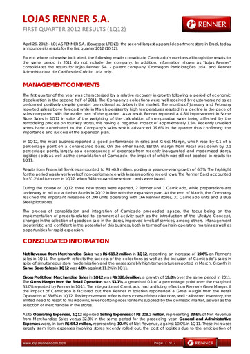 Thumbnail Lojas Renner Quarterly Report 2012-q1
