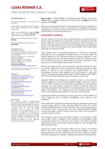 Thumbnail Lojas Renner Quarterly Report 2013-q1