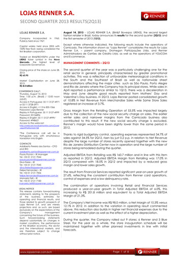 Thumbnail Lojas Renner Quarterly Report 2013-q2