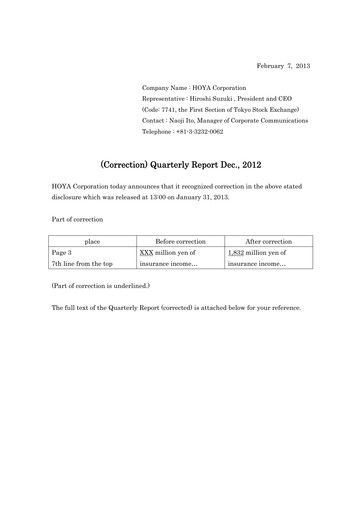 Thumbnail Hoya Quarterly Report 2012-q3