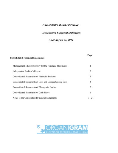 Thumbnail OrganiGram Holdings
 Financial Statement fy2014