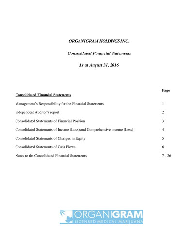 Thumbnail OrganiGram Holdings
 Financial Statement fy2016