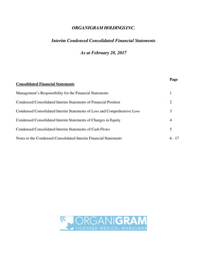 Vorschaubild OrganiGram Holdings
 Quartalsbericht 2017-q2