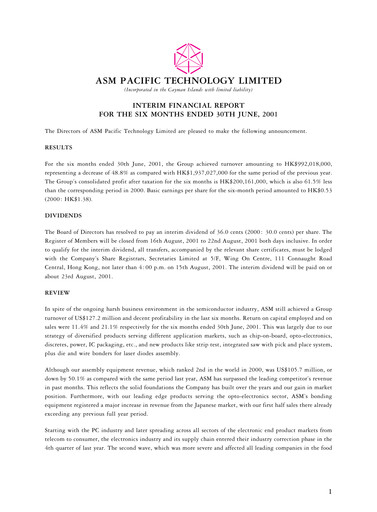 Thumbnail ASMPT
 (ASM Pacific Technology) Half-year Report 2001
