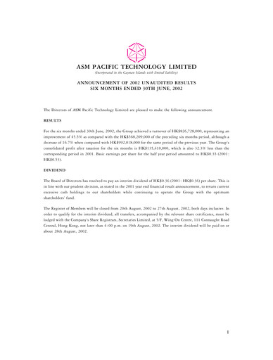 Thumbnail ASMPT
 (ASM Pacific Technology) Half-year Report 2002