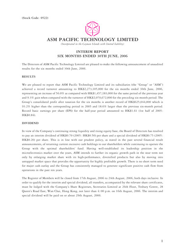Thumbnail ASMPT
 (ASM Pacific Technology) Half-year Report 2006